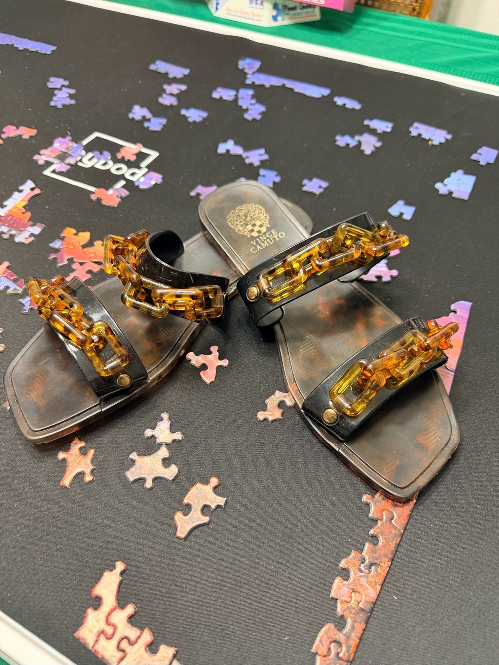 Vince Camuto Black Slide Sandals with Tortoiseshell Chain Detail